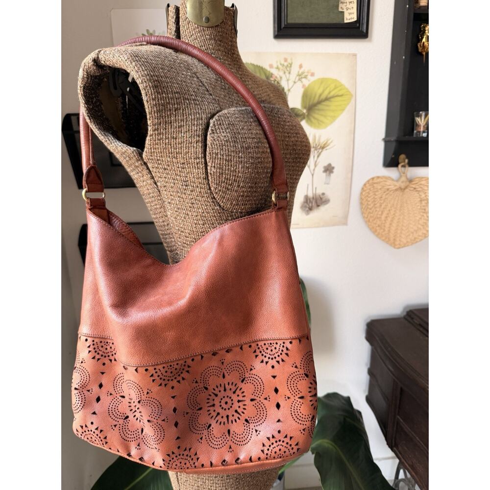 Marta Ponti Genuine Leather Hobo Bag Brown Cutout Floral Slouchy Shoulder Purse